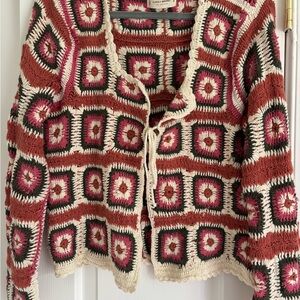 Lucky Brand Pink Rust and Cream and Cream Crochet Cardigan Sweater - size XS
